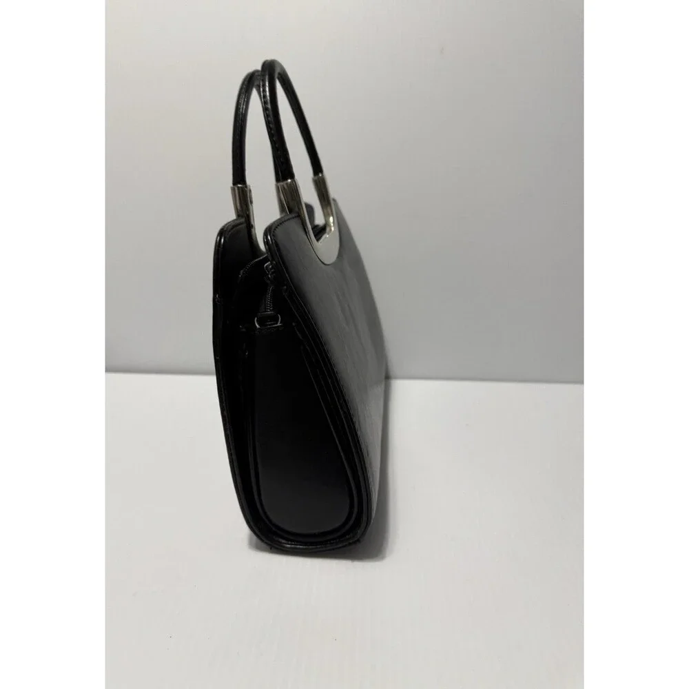 Black Faux Leather Metal Handle Handbag Purse With Removable Insert Vintage
